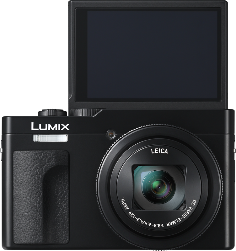 Black compact camera with LCD screen and front lens, front view