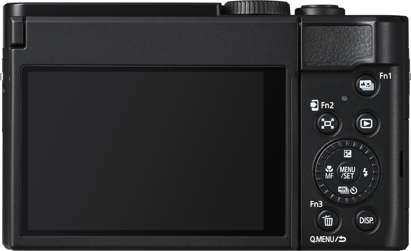 Black compact camera rear view with LCD screen and function button dial