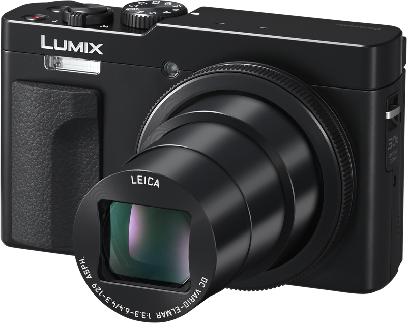 Black compact camera front, zoom lens and textured grip panel