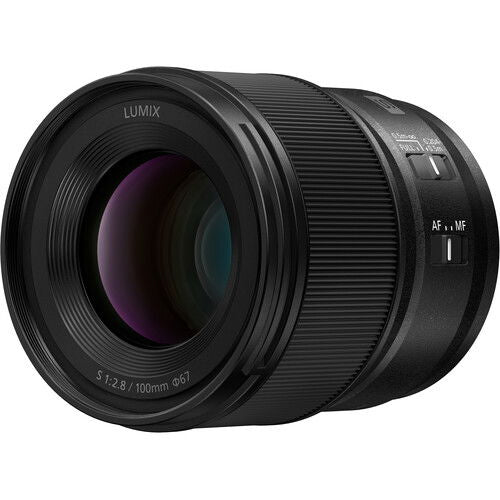 Panasonic Lumix S 100mm f/2.8 macro lens, angled view of front glass and textured barrel