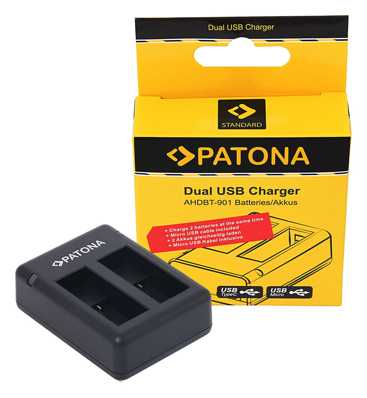 Încărcător dual USB Patona, negru, pentru baterii, cu cutie de prezentare