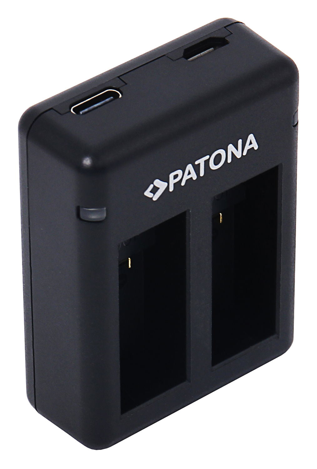 Încărcător dual USB Patona, negru, cu port USB lateral și locașuri vizibile