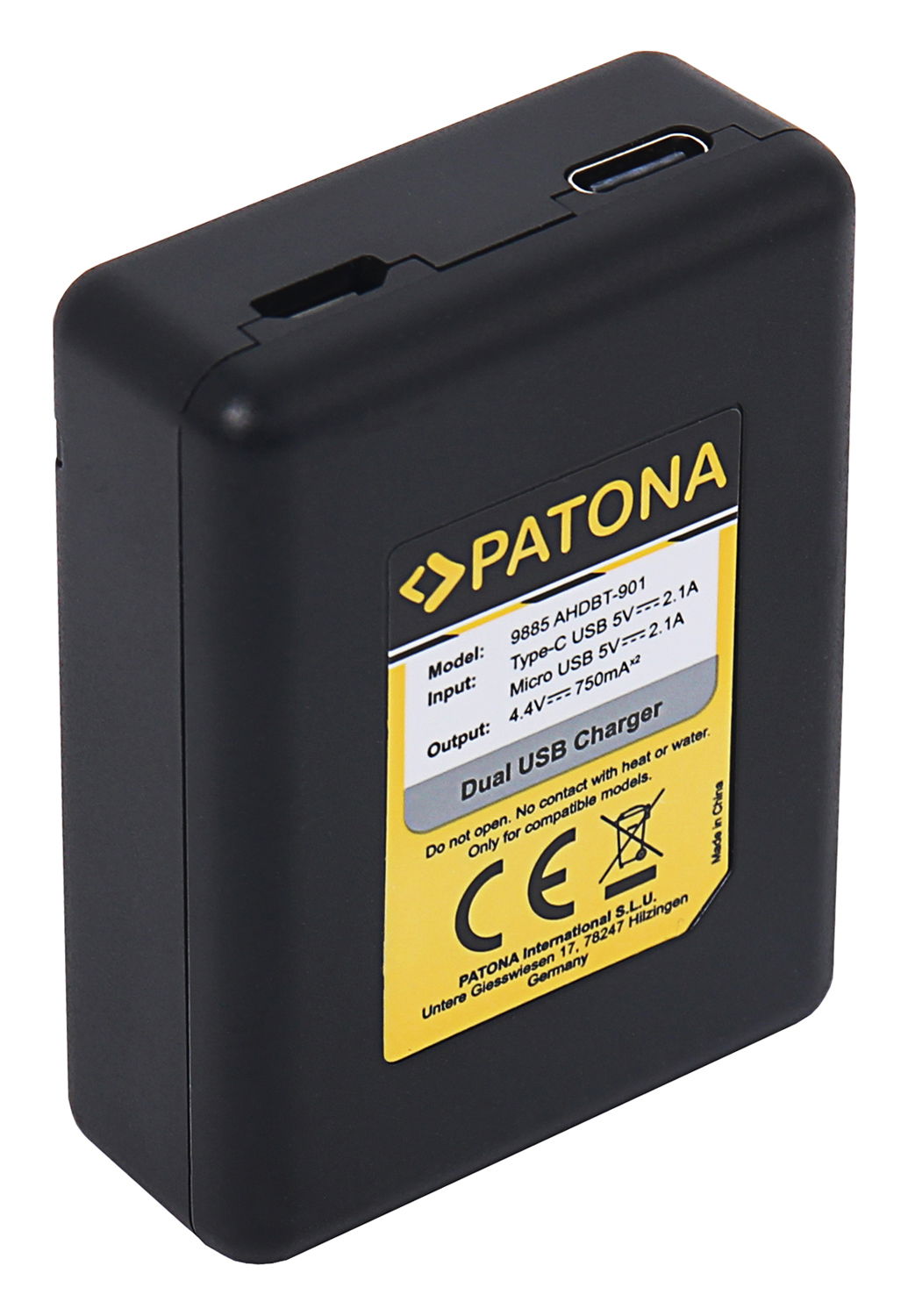 Încărcător dual USB Patona, negru, cu etichetă cu specificații pe spate