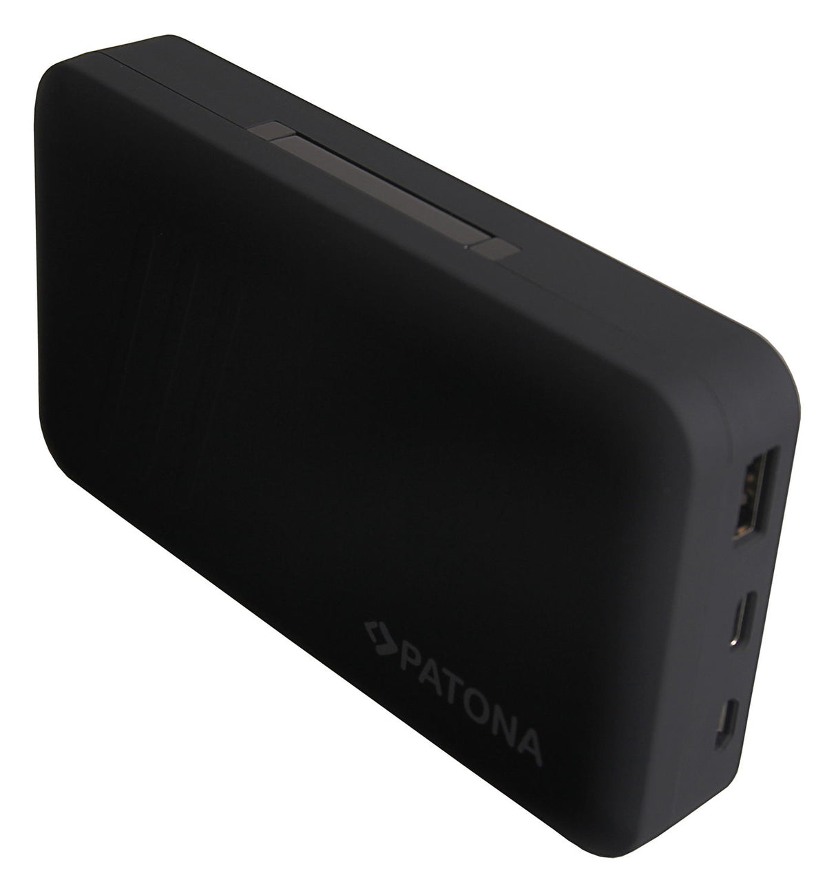 Black power bank with side ports and compact rectangular body