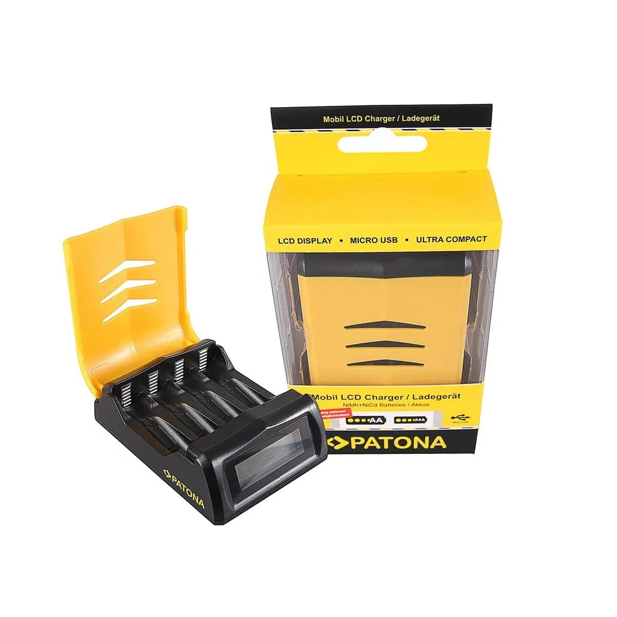 Încărcător rapid AA/AAA cu ecran LCD și micro-USB; încărcător negru-galben