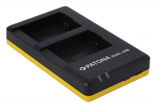 Încărcător dual USB negru, suport pentru două baterii, cu logo Patona