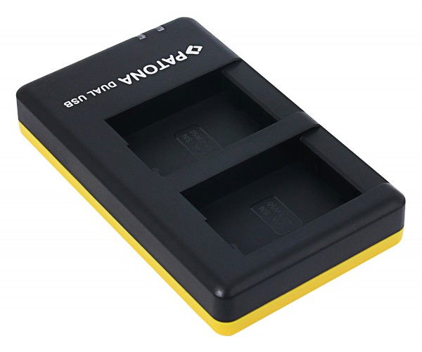 Încărcător dual USB pentru două baterii, vedere de sus, carcasă neagră