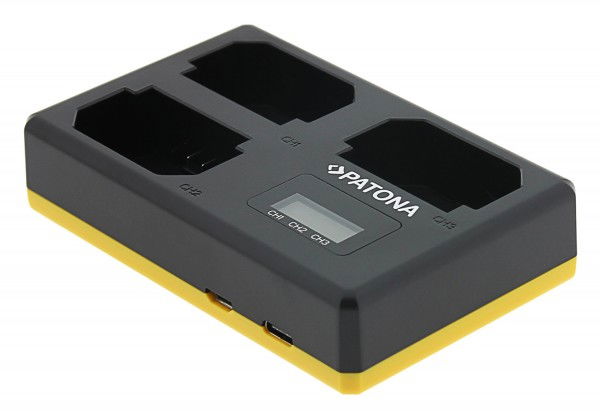 Triple-slot desktop charger for Sony NP-FZ100, dark housing with USB ports