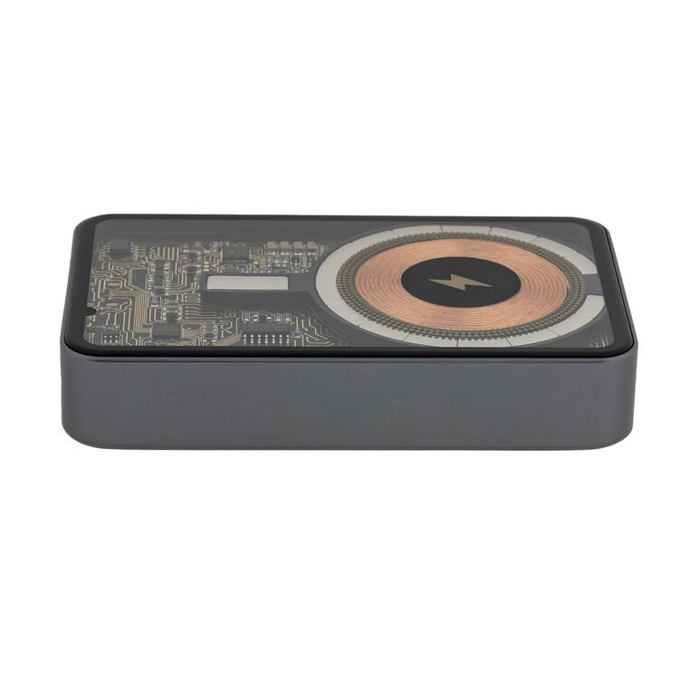 Wireless power bank bottom with circuit pattern and central copper charging coil