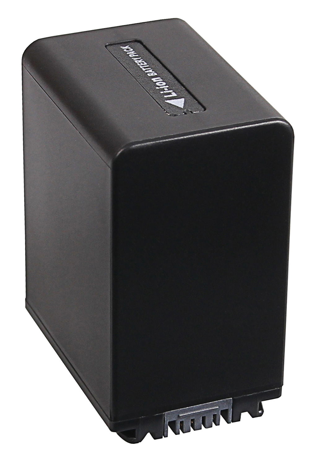 Compact black Li-ion battery pack with top label and bottom connector pins
