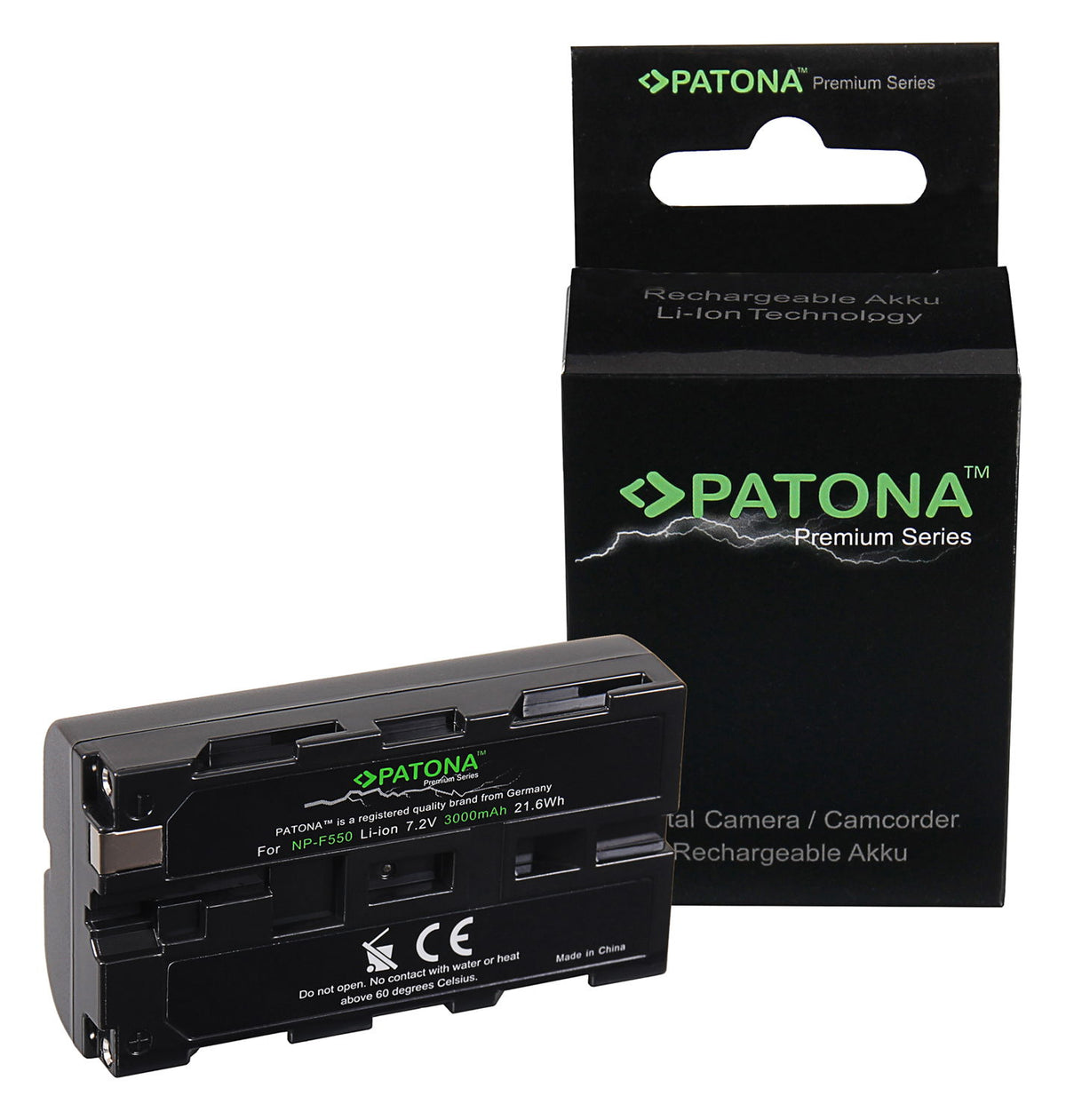 Acumulator Li-ion Patona pentru Sony NP-F550, cu carcasă neagră și suport de ambalaj