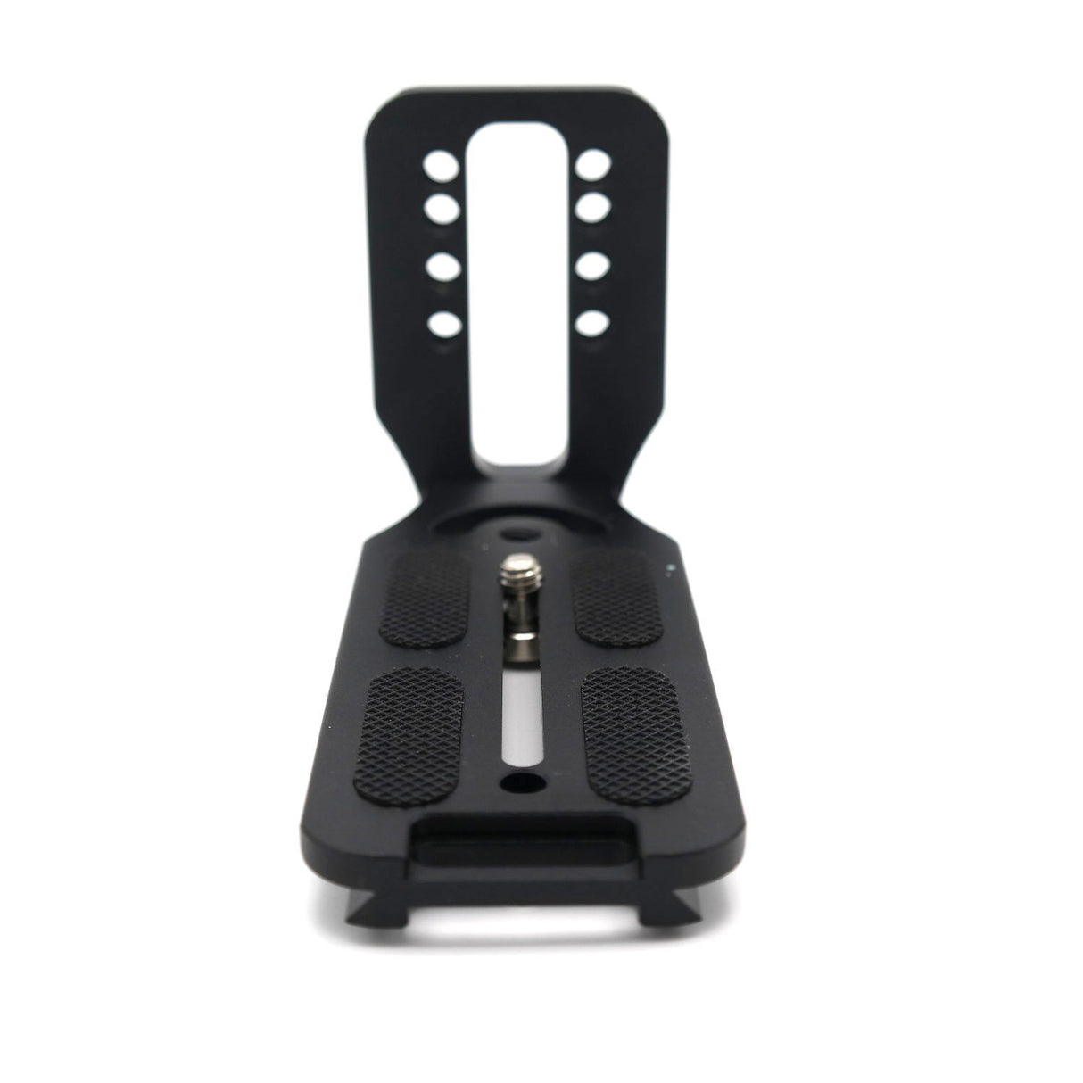 Front view of black L-plate bracket base with textured pads and center knob
