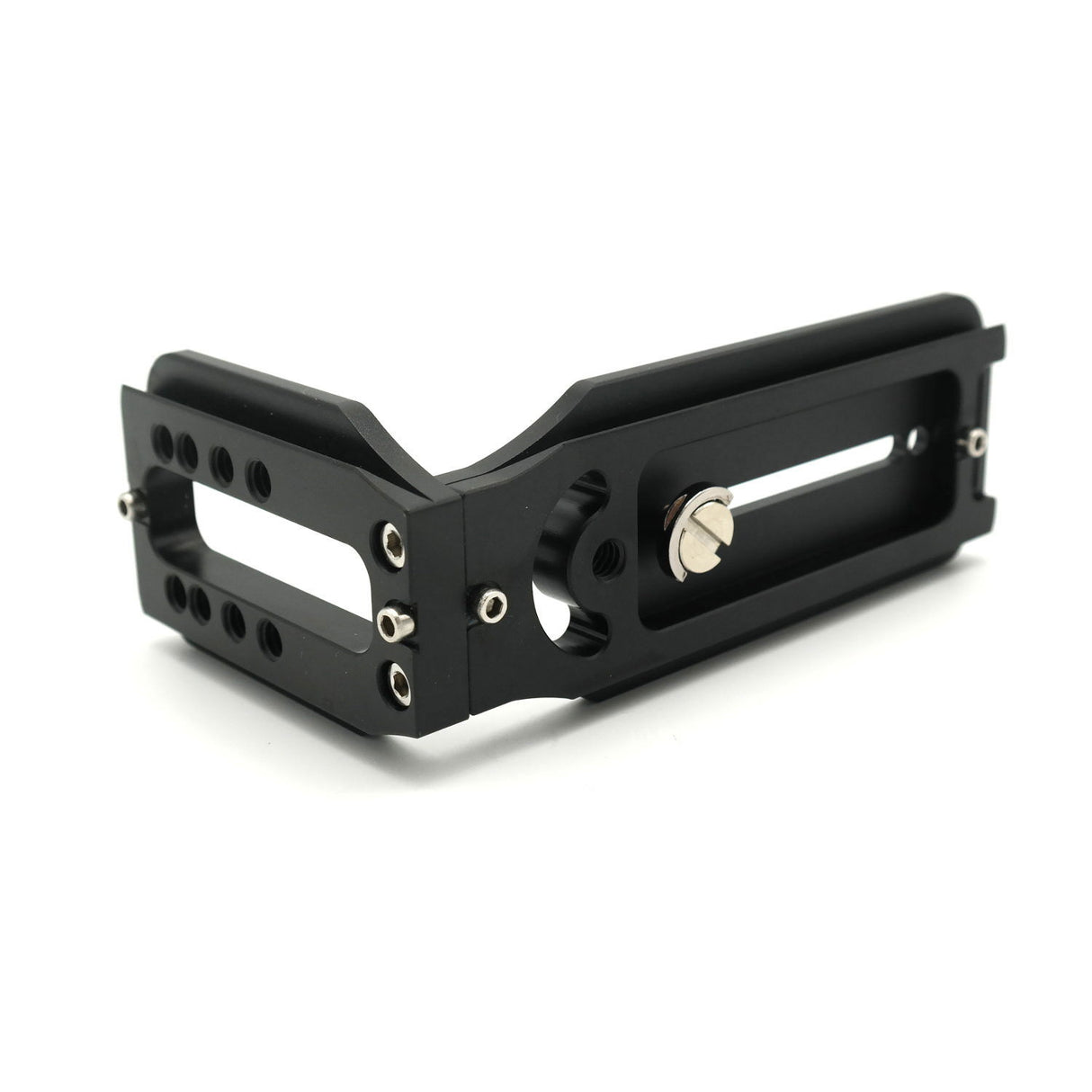 Black L-bracket side view with screw holes and visible mounting slots