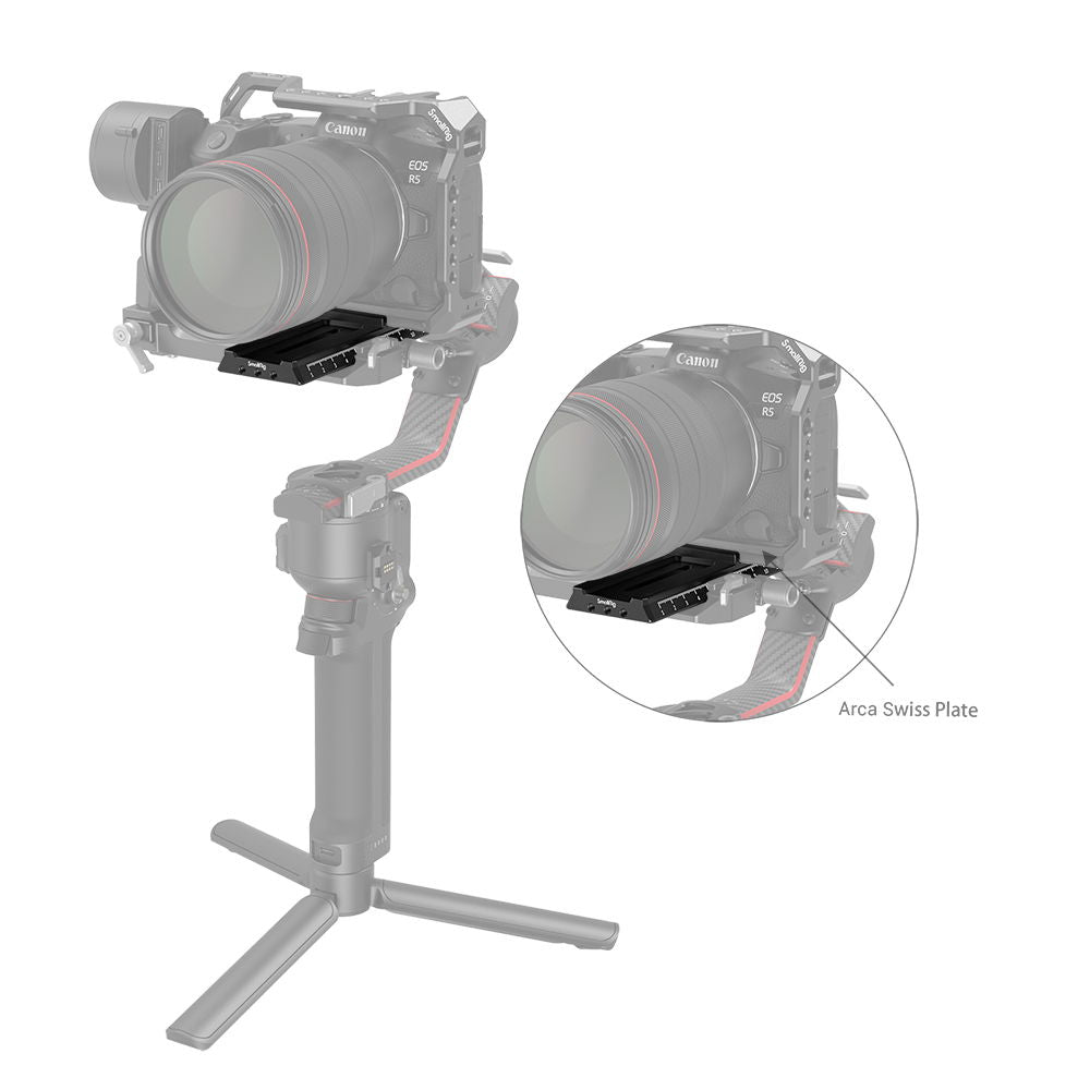 Camera rig with focus rod mount plate installed; close-up view of scale section