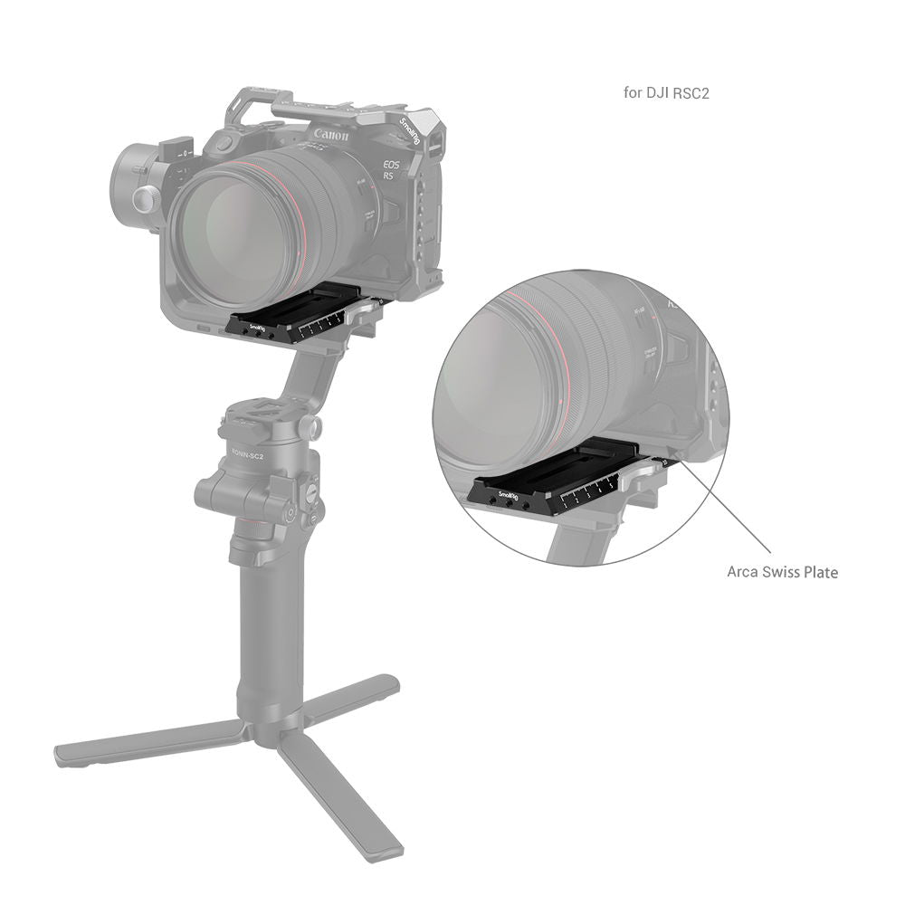 Camera mounted on gimbal with focus rod mount plate and scale detail