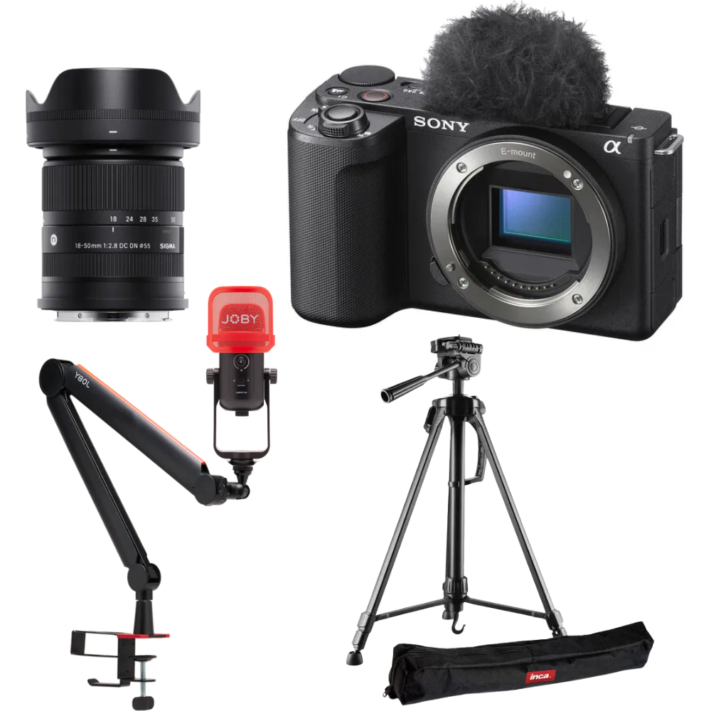 Sony ZV-E10II Kit Podcast cu obiectiv Sigma 18-50mm, microfon, brat si trepied