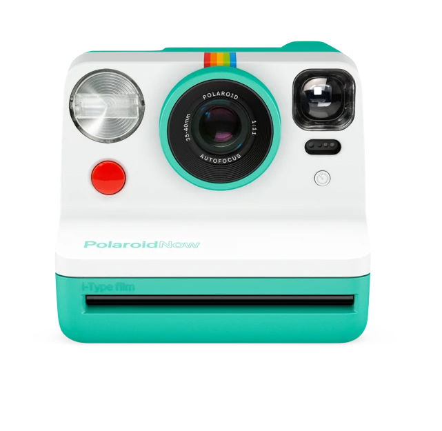 Mint instant camera with lens, flash, and red shutter button