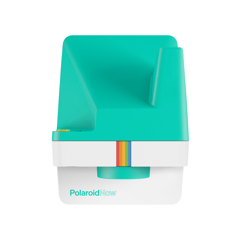 Mint instant camera front with rainbow trim and film output slot