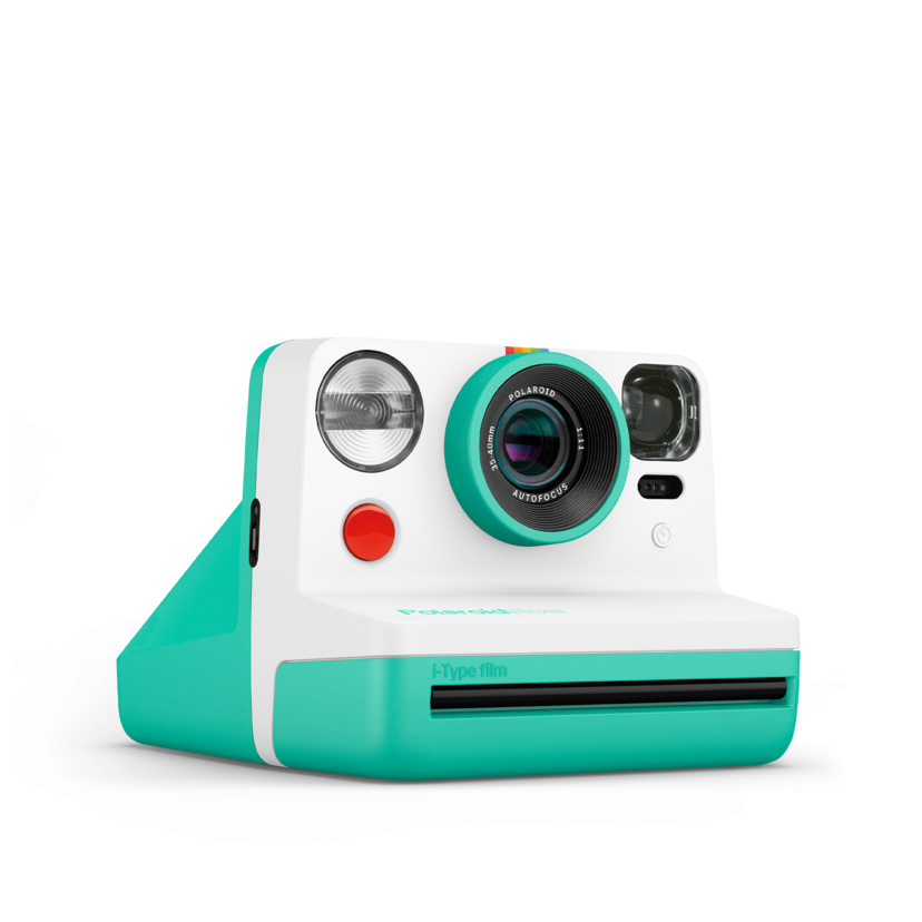 Mint instant camera angled front with lens, flash window, and small control buttons