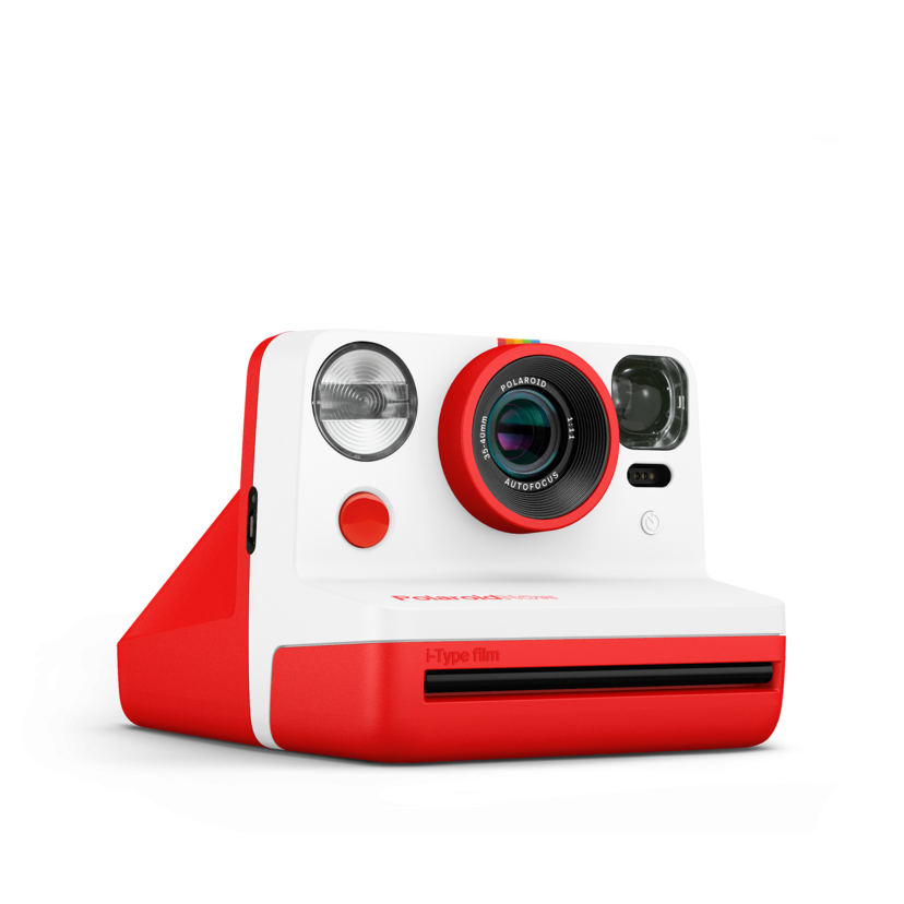 Red instant camera angled front view with flash, lens, and control buttons