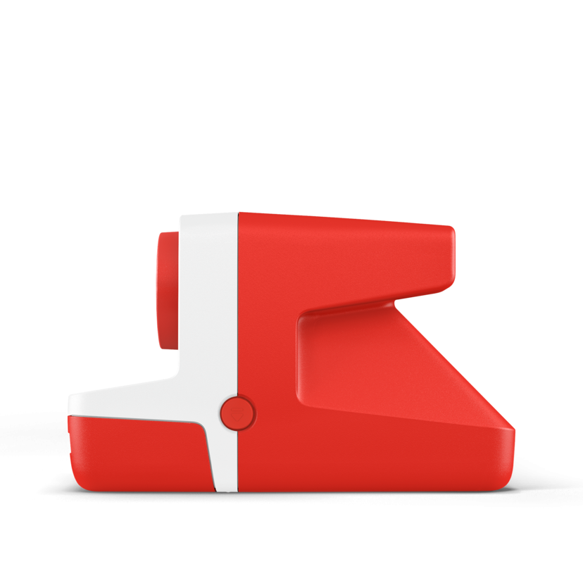 Red and white instant camera side view with grip and front control dial