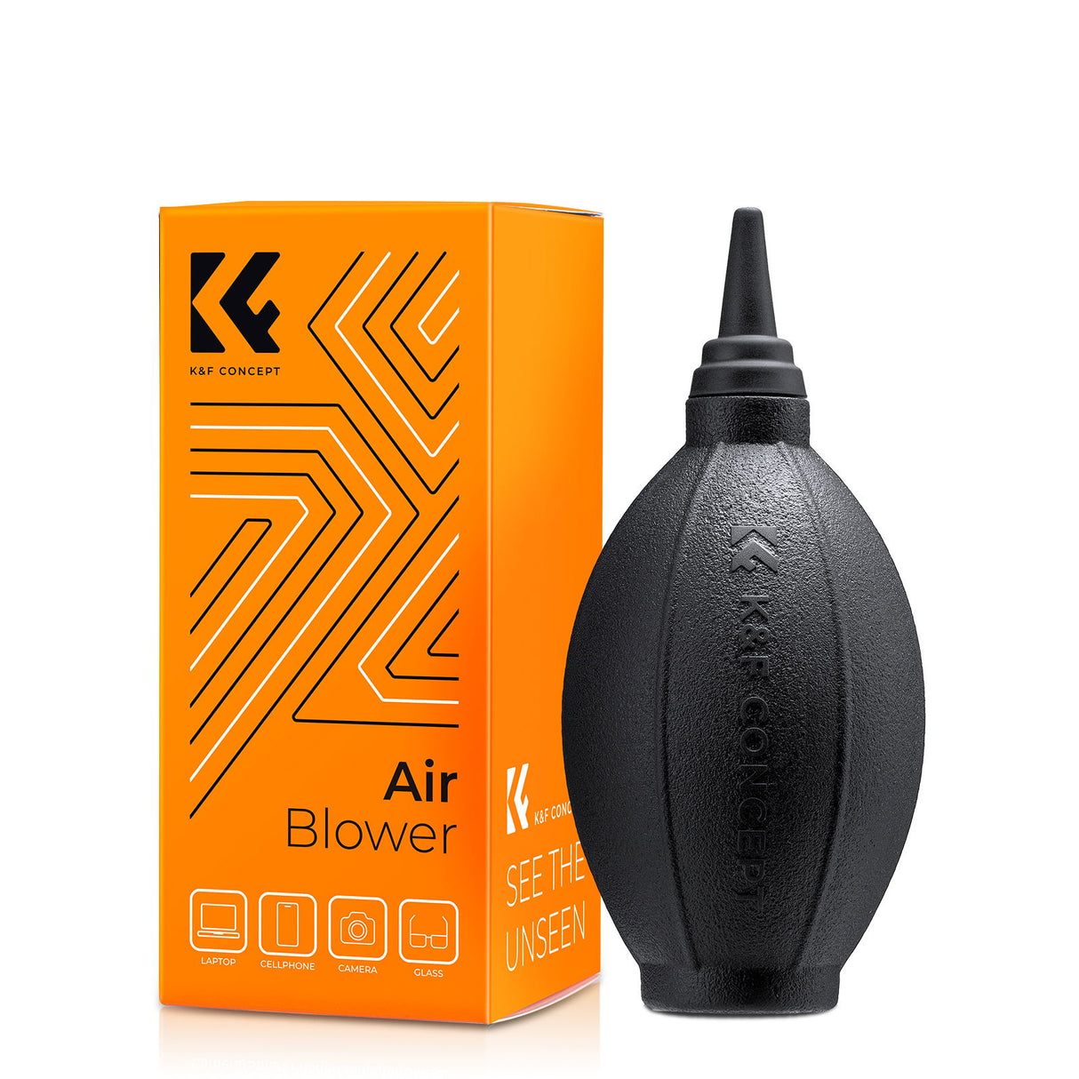 Black air blower with narrow nozzle, rubber body lettering; product box included
