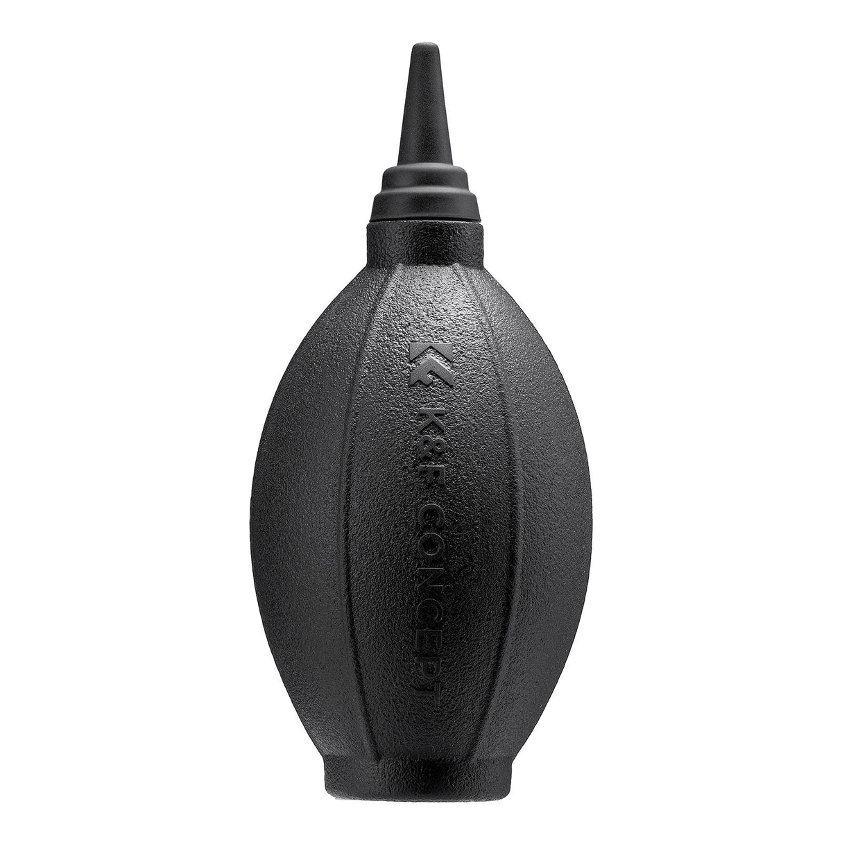 Black air blower, close view of oval body and tall nozzle, embossed logo