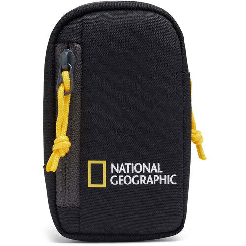 Husă accesorii National Geographic, neagră, cu logo și bretele laterale galbene.