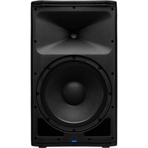 Black powered speaker rear woofer with vented horn opening above.