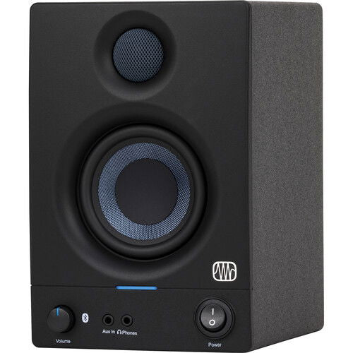 Black studio monitor speaker front view with top tweeter grille and large woofer driver.