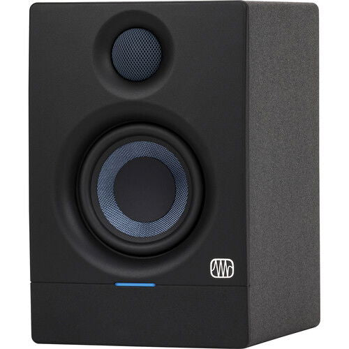 Black studio monitor speaker front corner view with tweeter grille and blue-ring woofer.