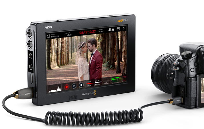 5-inch recorder monitor mounted to camera rig, showing video interface