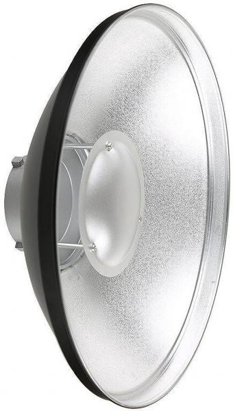Silver 42cm beauty dish reflector with black rim and inner diffuser plate