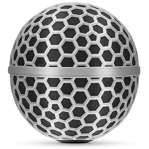 Gray spherical windscreen with hex-pattern mesh grille cover