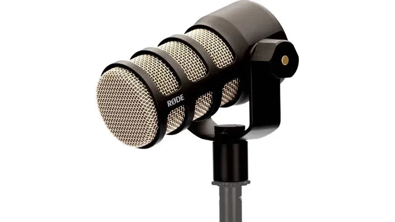 Microfon PodMic dinamic, față cu grilaj metalic și mâner/corp negru