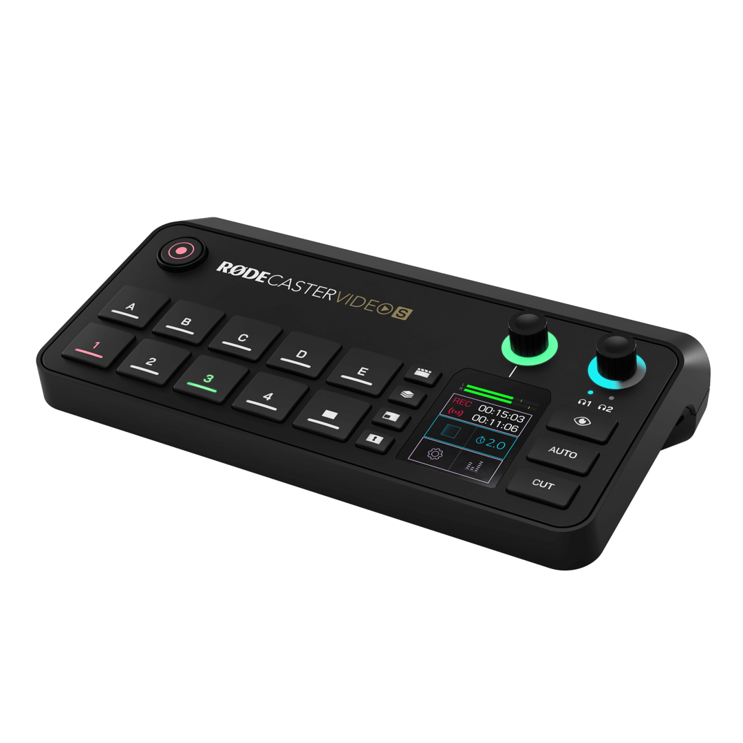 Consolă audio/video RODECaster Video S, panou cu butoane AUTO și CUT