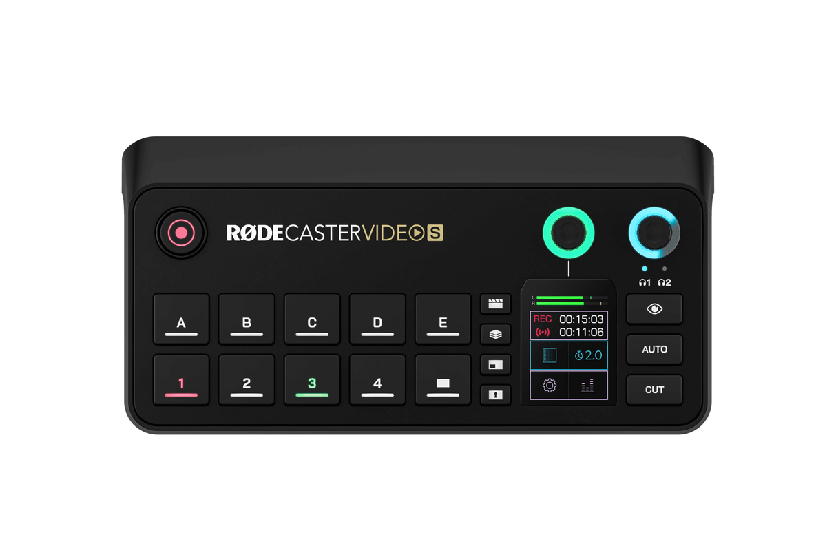 Consolă audio/video RODECaster Video S, panou frontal cu două cadrane verzi
