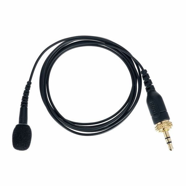 Black wired lavalier microphone with foam windscreen and cable, 3.5mm plug