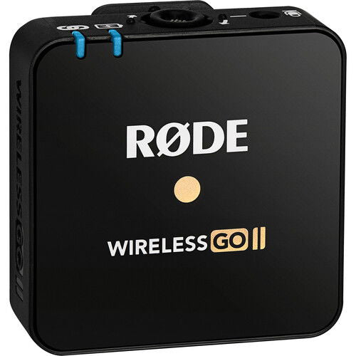 Wireless GO II transmitter/recorder, black cube with blue indicator bars and logo
