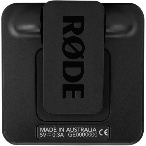 Wireless GO II transmitter/recorder back view, black panel with device markings and certifications