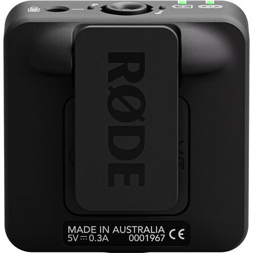 Rear panel of black Wireless ME TX transmitter/recorder with rec icon and Made in Australia