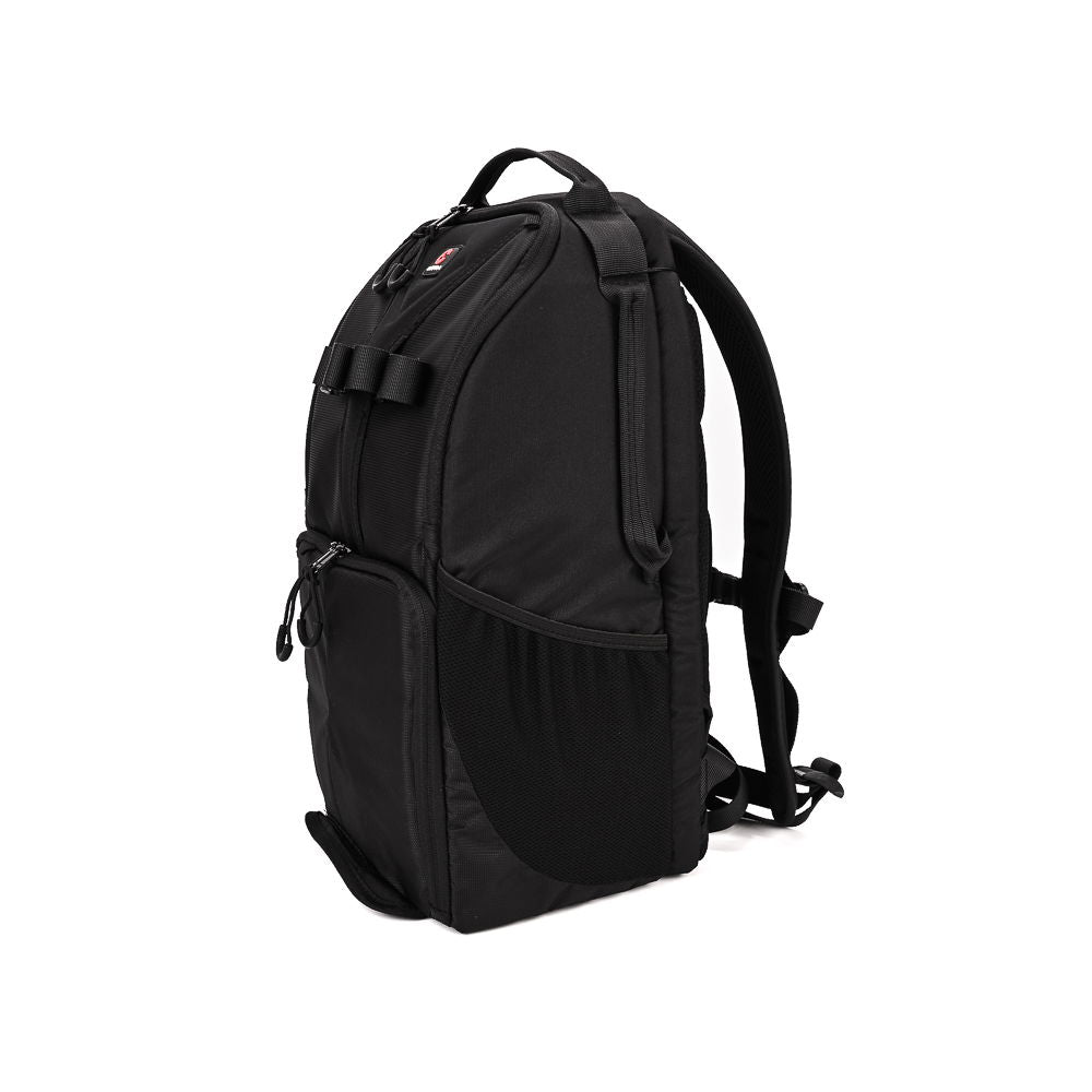 Black camera backpack rear view with shoulder straps and padded back panel