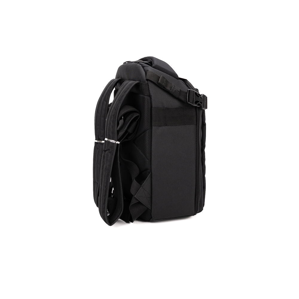 Black camera backpack front-side view with side compartment and webbing straps