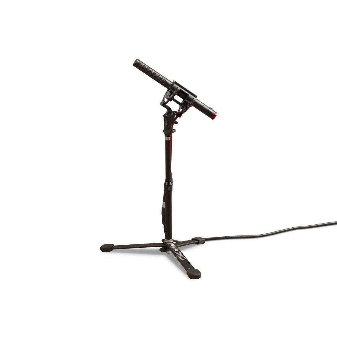 Mini sound stand with microphone clamp, black three-leg base and vertical post