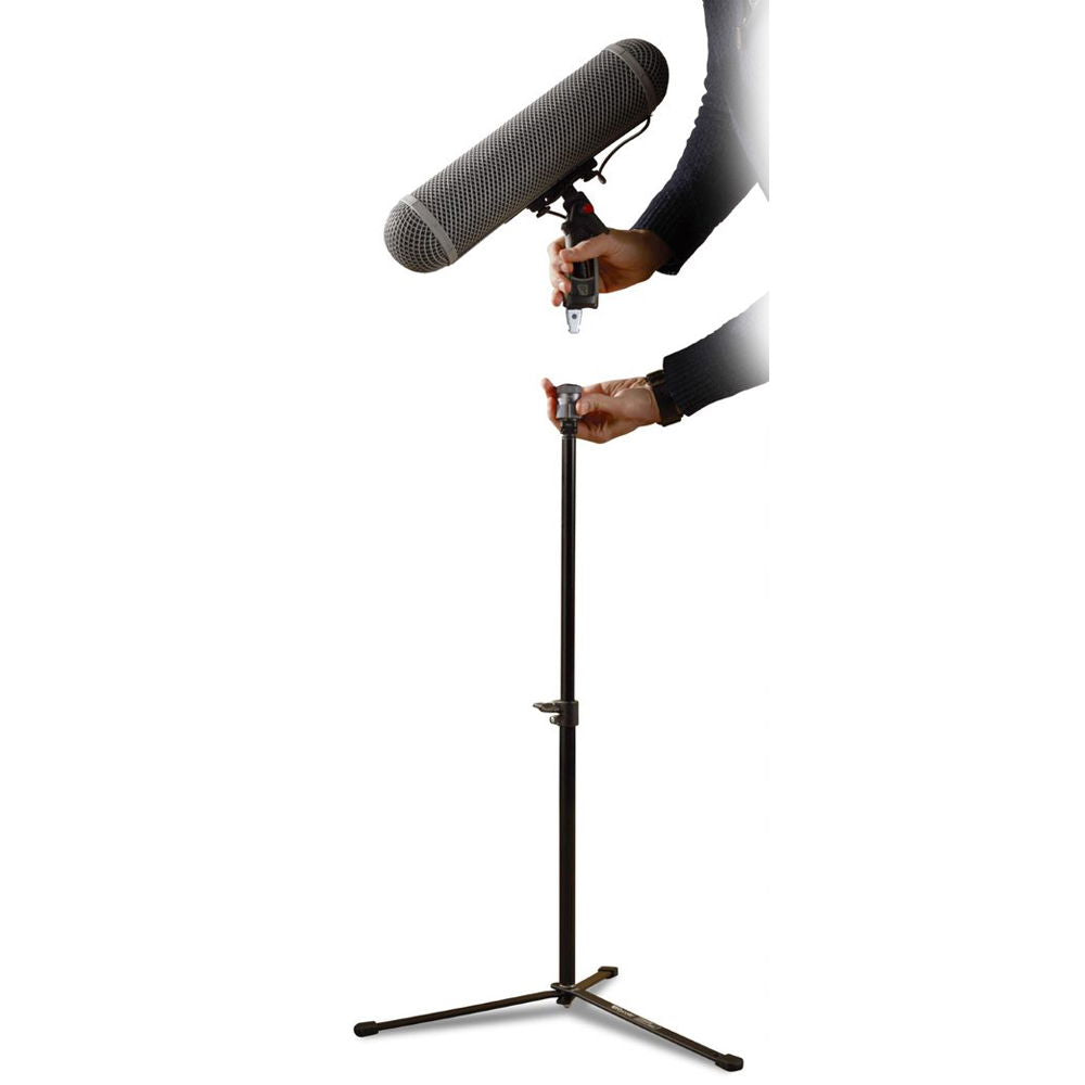 Microphone on black sound stand with quick-release, 3/8" fitting