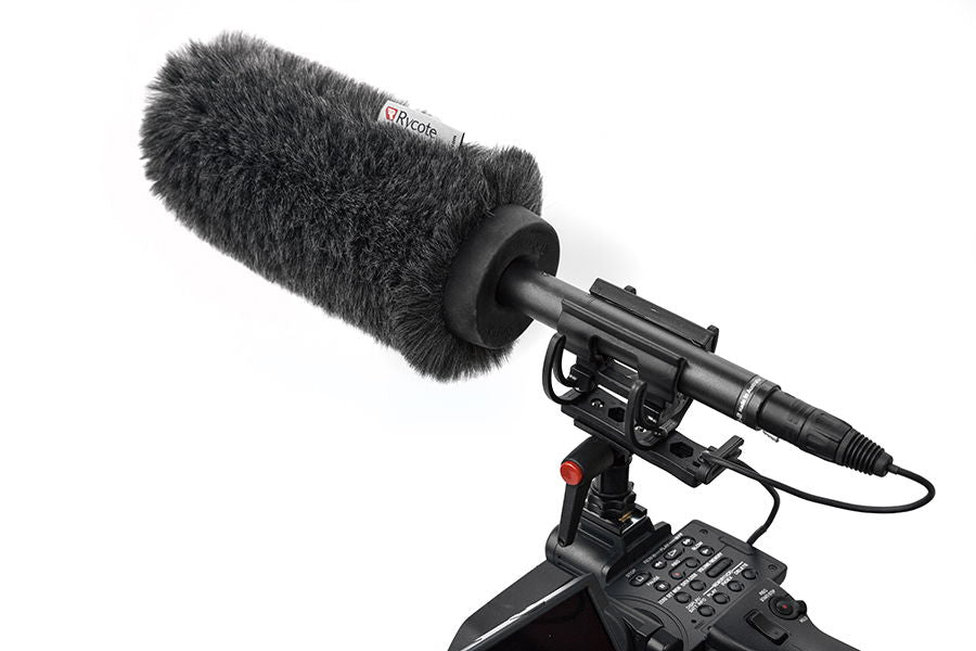Rycote Softie NTG mic with black fuzzy windscreen and mounting clamp