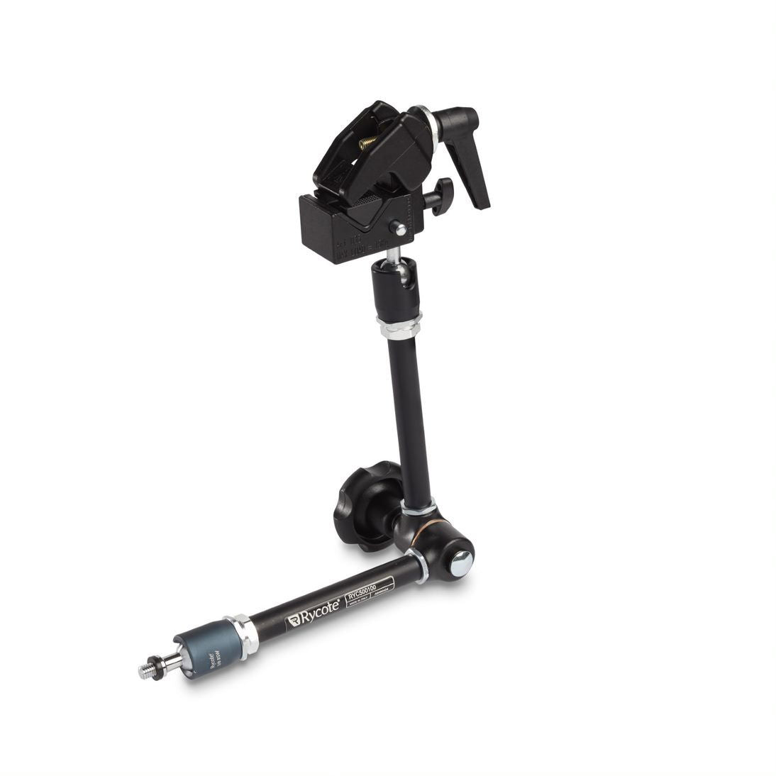 Super clamp mount with lever and grip knob on articulating arm, black finish