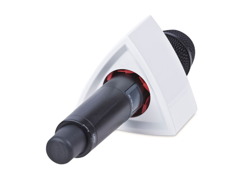 Suport triunghiular microfon cu microfon negru și bază albă, inserție roșie