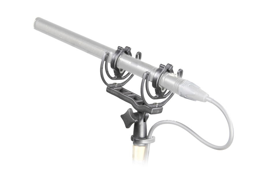 Shotgun mic suspension mount for 19/25mm, side view with threaded shock base