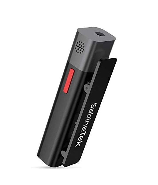 Black Bluetooth smart microphone with speaker grille and red LED button